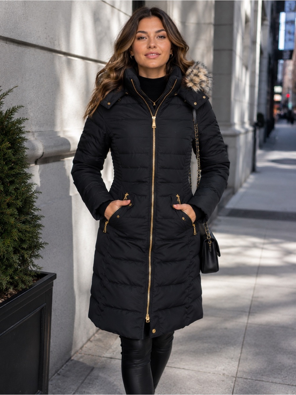 Express Black Long Puffer Coat Small Faux Fur Hood Gold Hardware